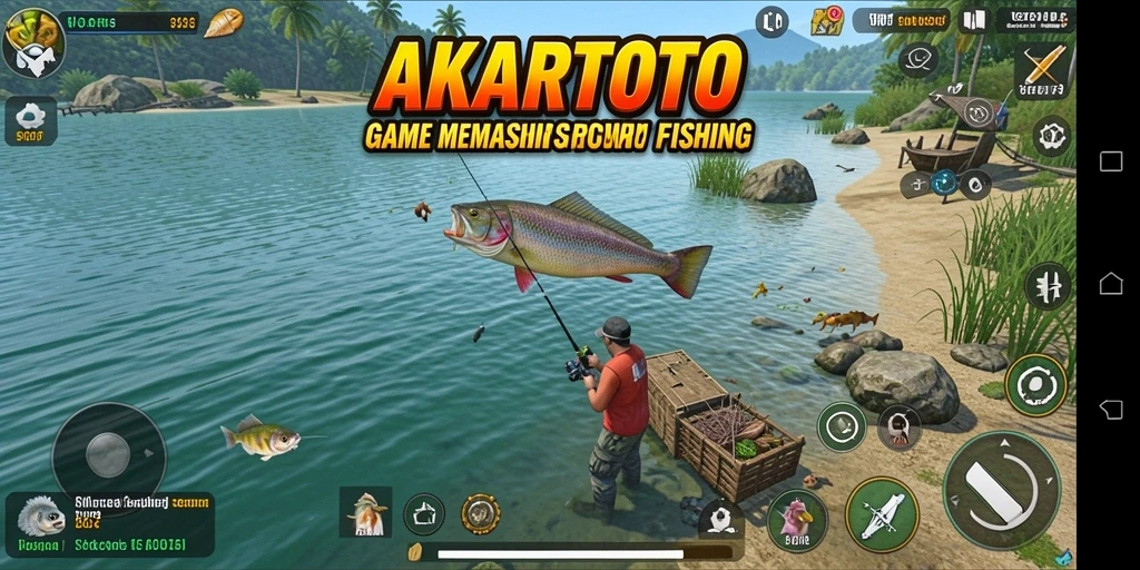 Screenshot gameplay AKARTOTO yang menunjukkan aksi memancing seru.