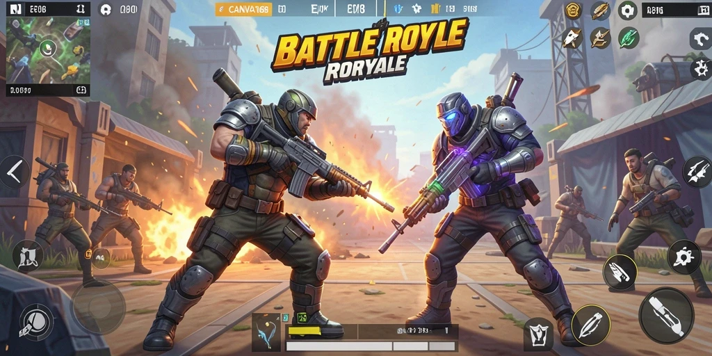 Screenshot yang menunjukkan aksi seru gameplay Battle Royale CANVA168.