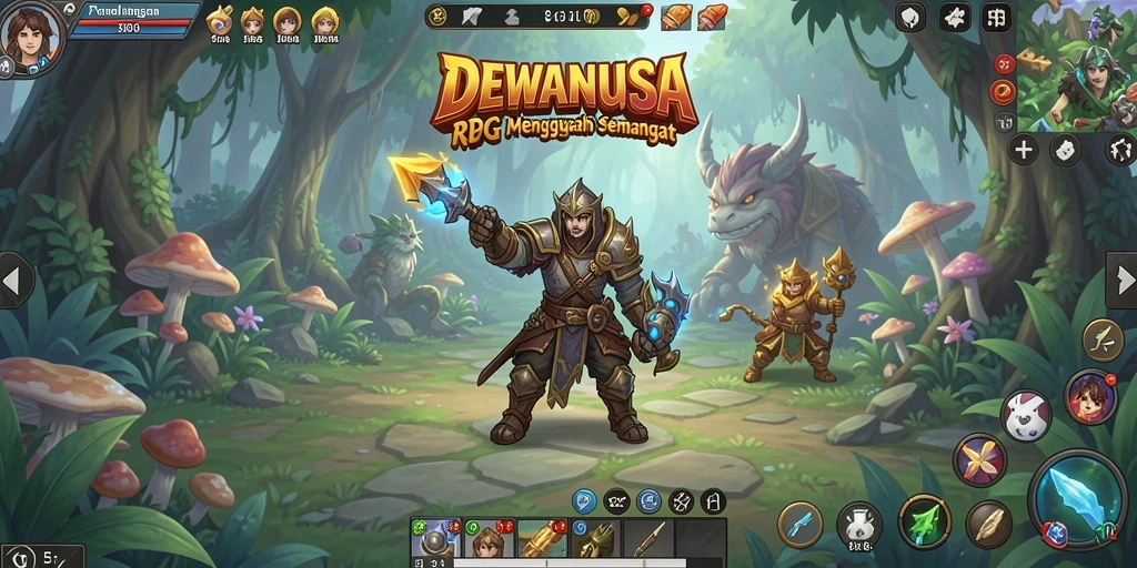 Tangkapan layar utama DEWANUSA menunjukkan pertarungan epik di dunia fantasi.