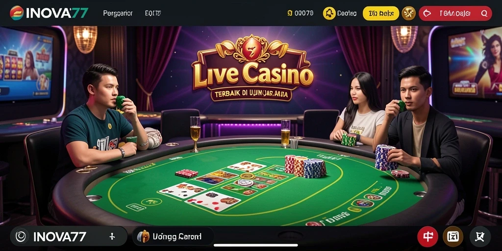 Tampilan utama INOVA77 menampilkan dealer live yang memandu permainan kasino.