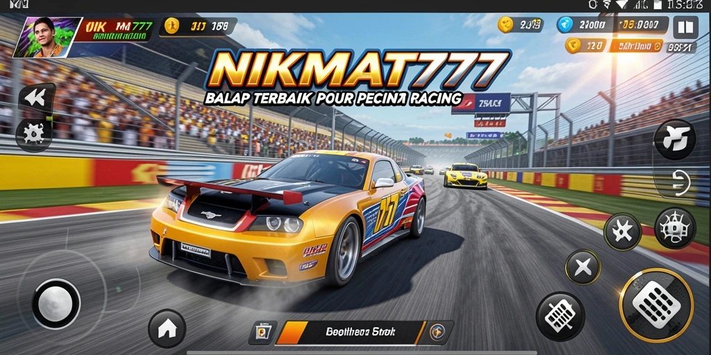 Screenshot gameplay NIKMAT777 menunjukkan aksi balap seru dengan mobil tercepat.