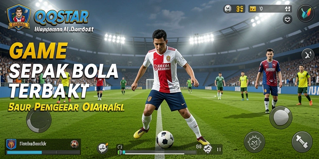 Screenshot utama menunjukkan aksi seru pertandingan sepak bola di QQSTAR.