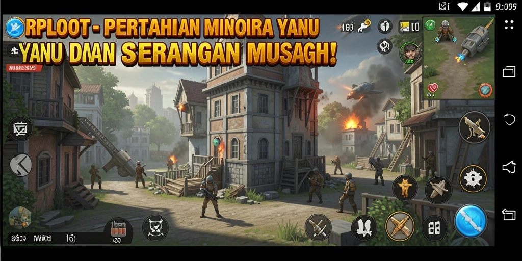 Screenshot gameplay RPLOOT menampilkan aksi pertahanan menara yang intens.