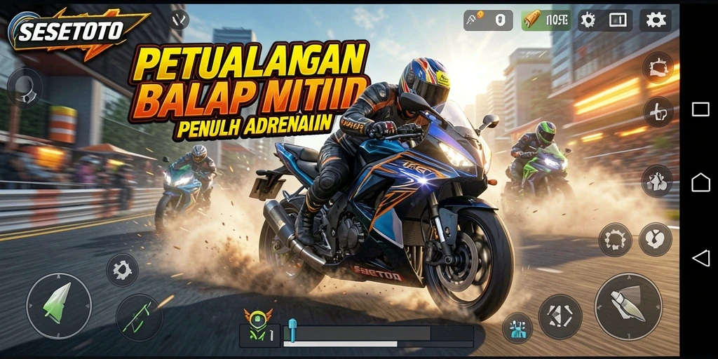 Tangkapan layar SESETOTO menampilkan balapan motor yang intens dan pemandangan yang memukau.