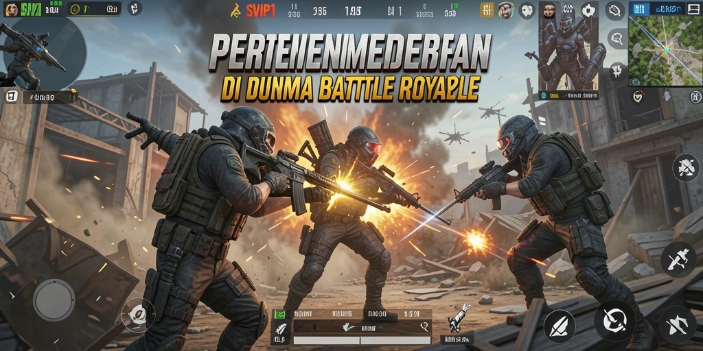 Screenshot gameplay utama SVIP1 menampilkan aksi pertempuran mendebarkan di arena Battle Royale.